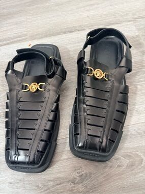Versace Black Leather Strappy Sandals with Gold Medusa Buckle